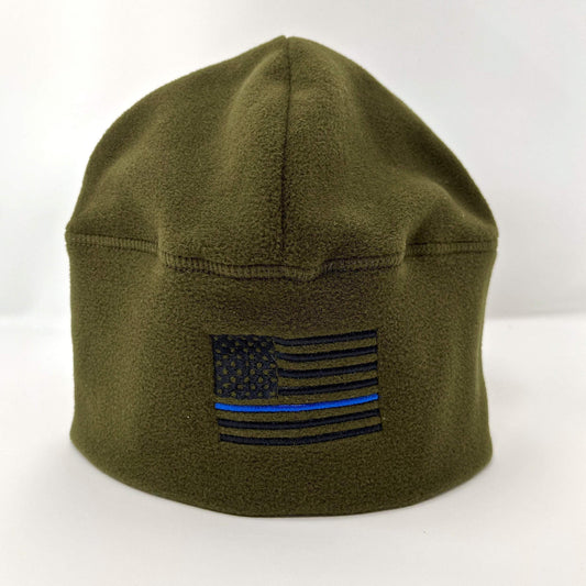 Thin Blue Line Embroidered Cold Weather Beanie - Military Green Hats Blue Life Apparel 