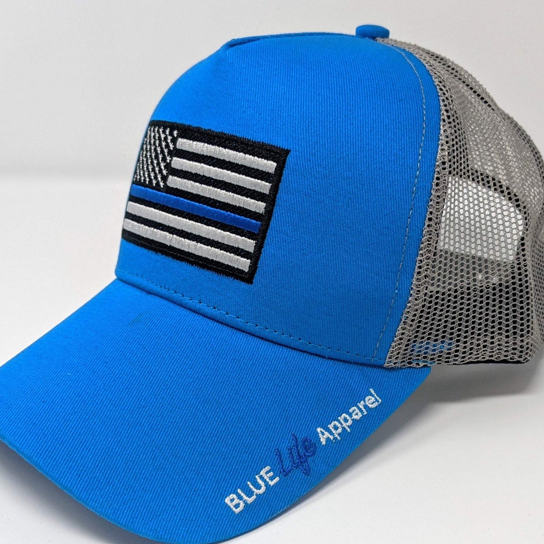 Thin Blue Line Embroidered Trucker Hat - Cobalt Blue Hats Blue Life Apparel 