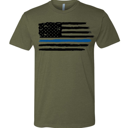 Thin Blue Line Flag - T-Shirt - Military Green T-Shirts Blue Life Apparel 