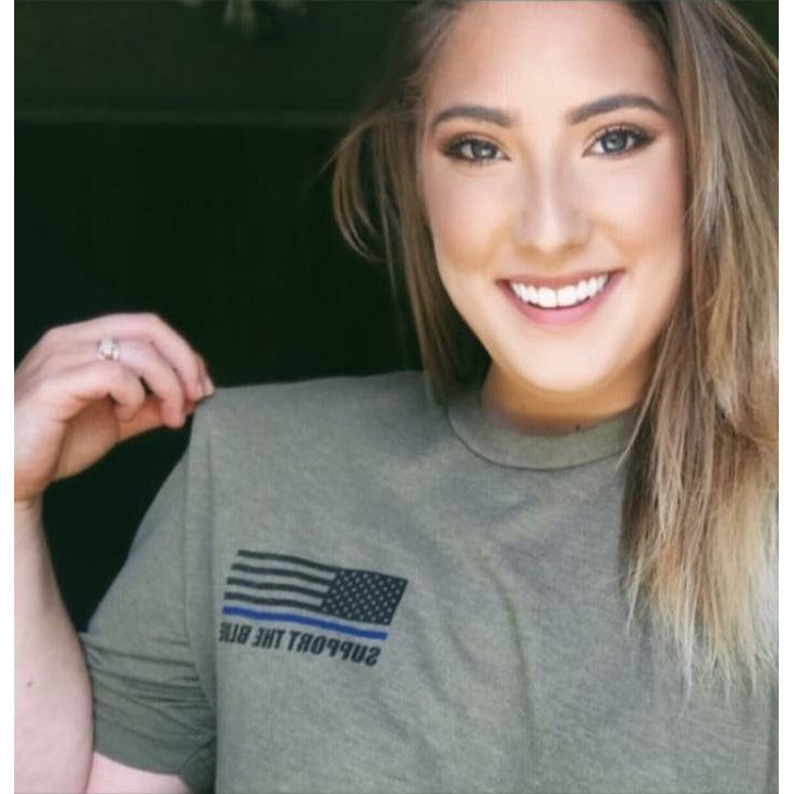 Thin Blue Line "Support The Blue" Flag - T-Shirt - Military Green T-Shirts Blue Life Apparel 