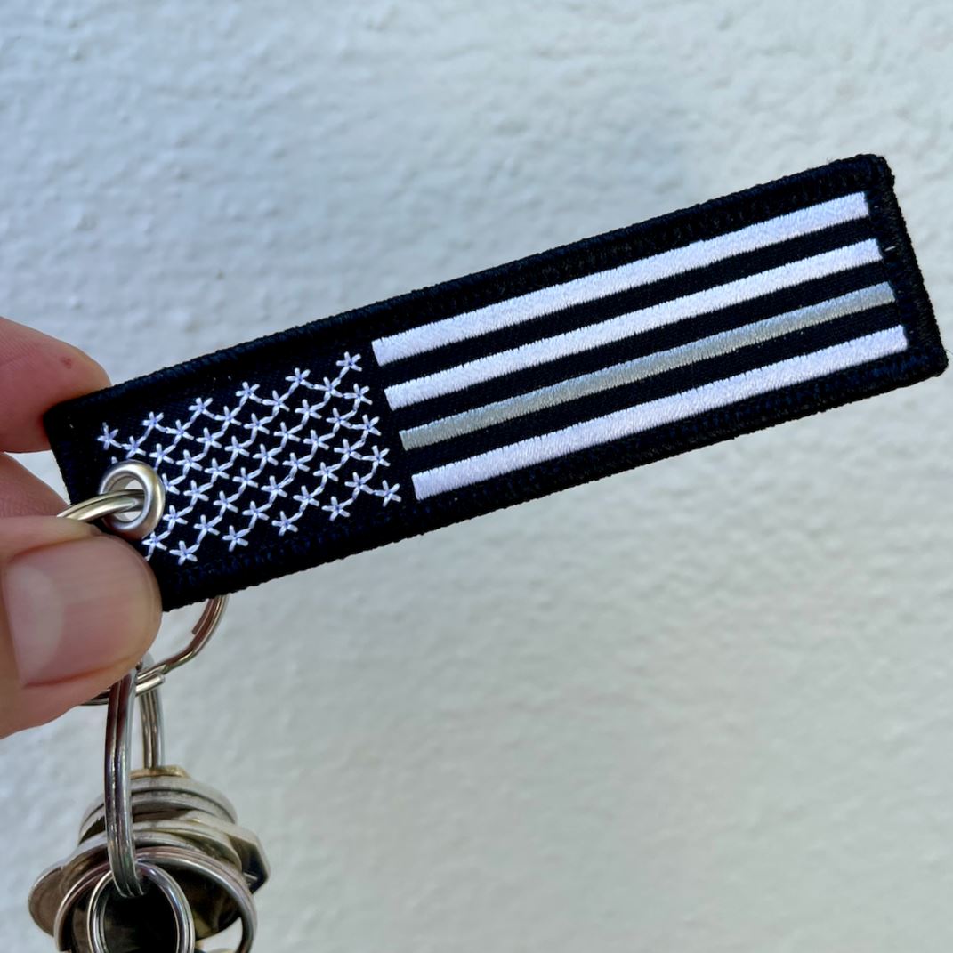 Thin Silver Line Embroider Flag Keychain - Corrections Officer More Blue Life Apparel 